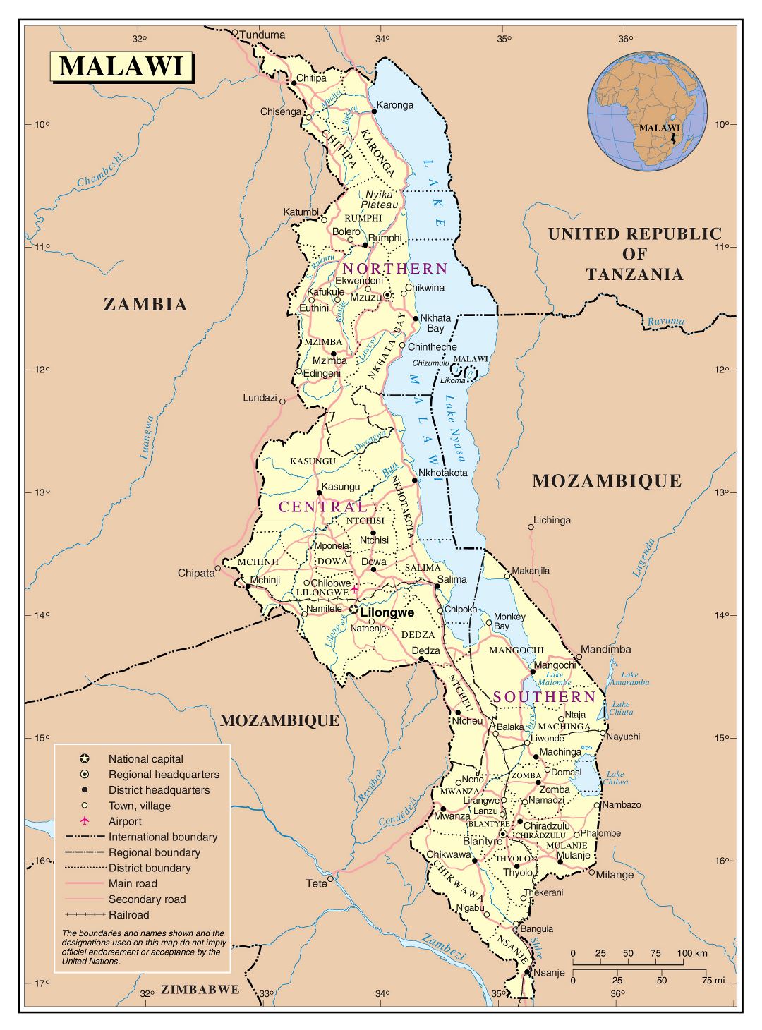 Large detailed political and administrative map of Malawi with roads, railroads, cities and airports