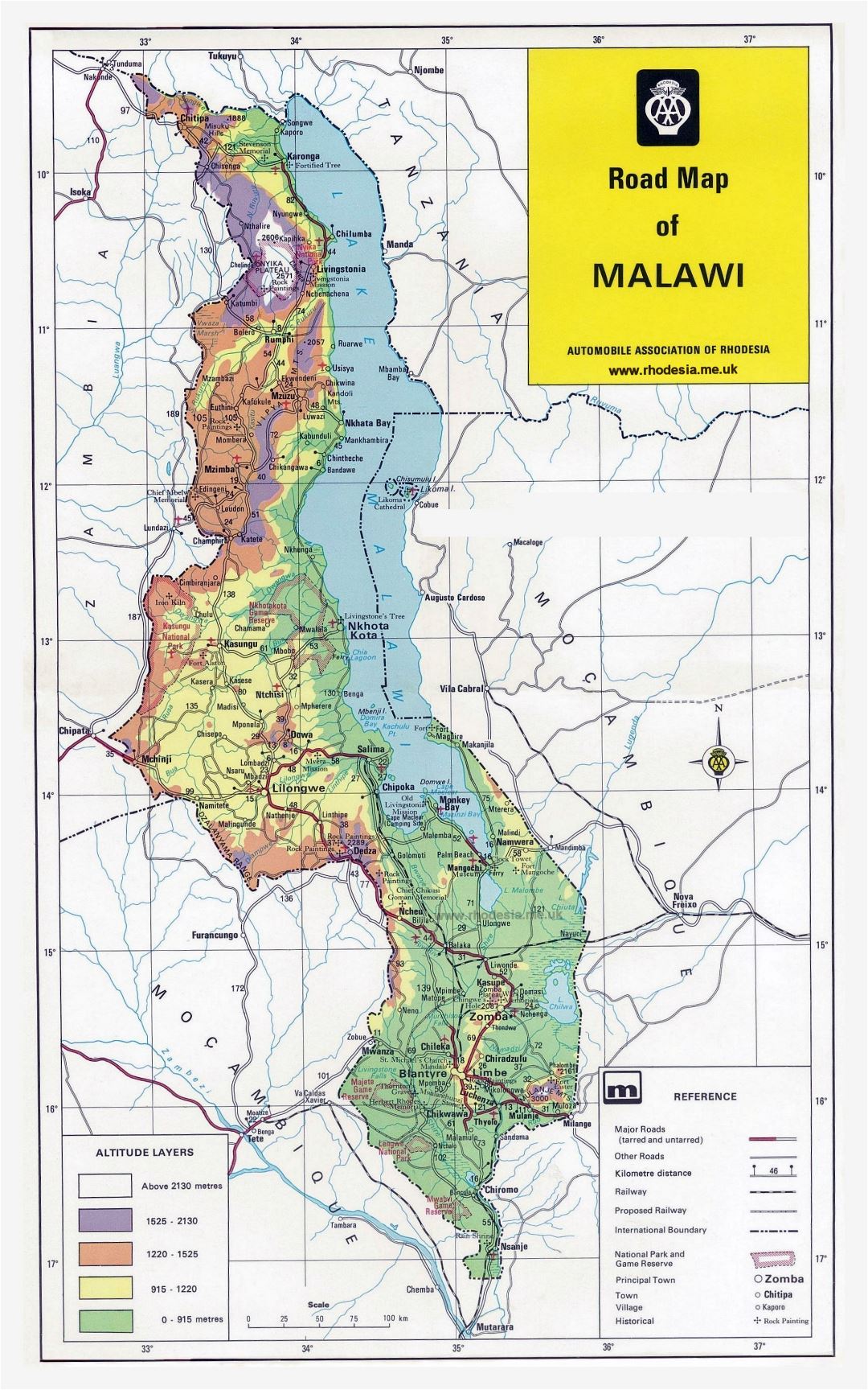 Large detailed road map of Malawi with other marks