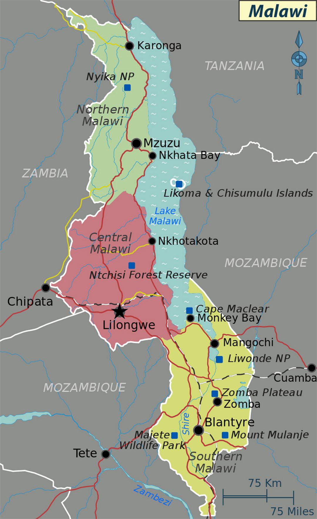Large regions map of Malawi