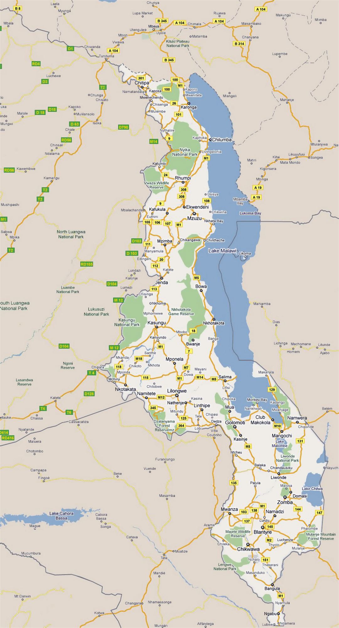 Large road map of Malawi with all cities