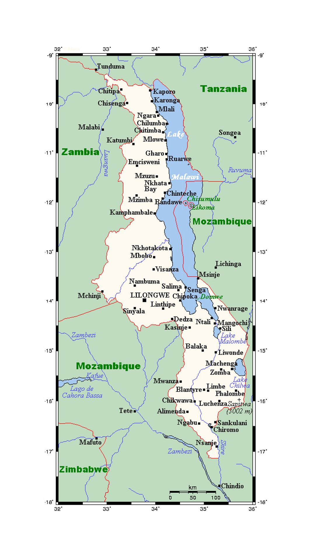 Map of Malawi with cities
