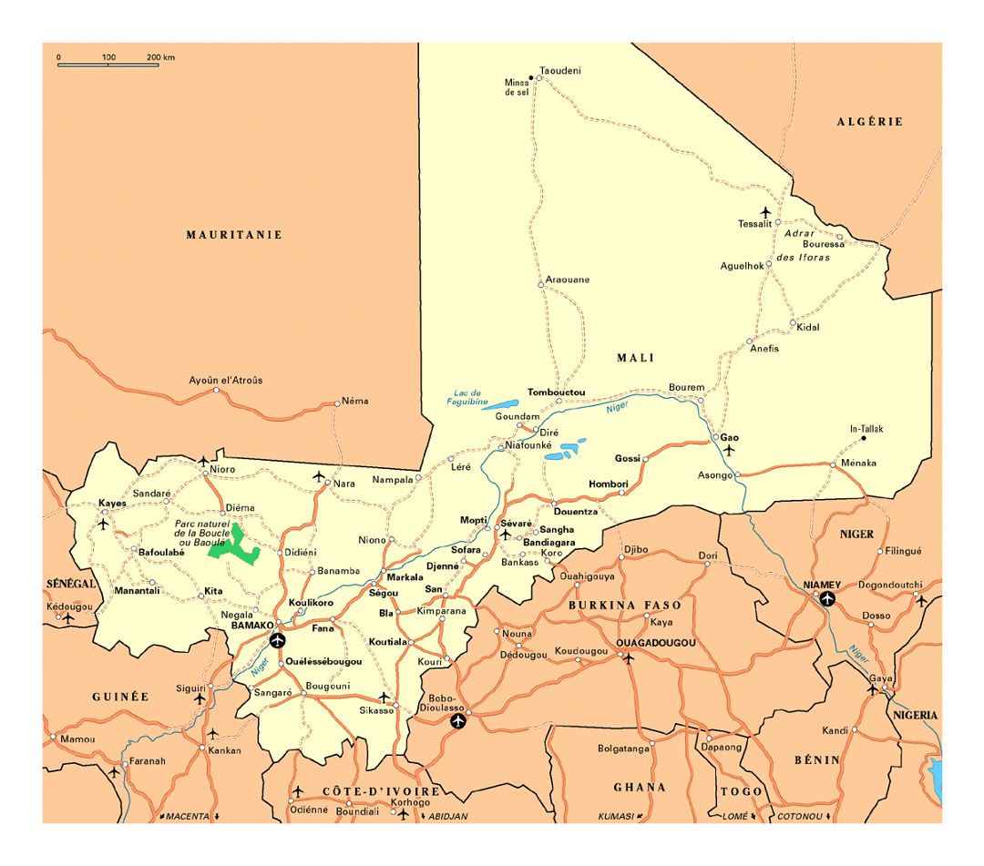 Detailed map of Mali with roads, cities, national parks and airports