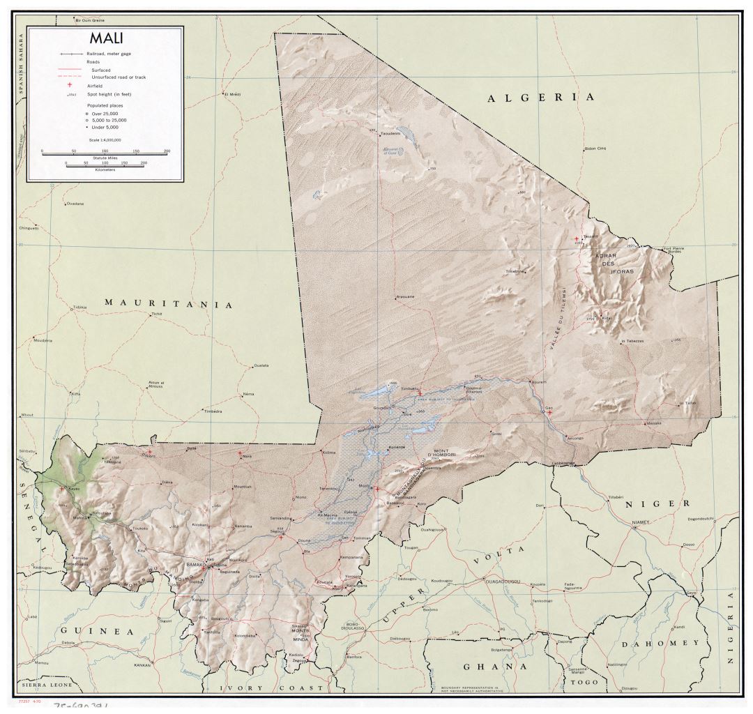 Large detailed political map of Mali with relief, roads, railroads, cities and airports - 1970