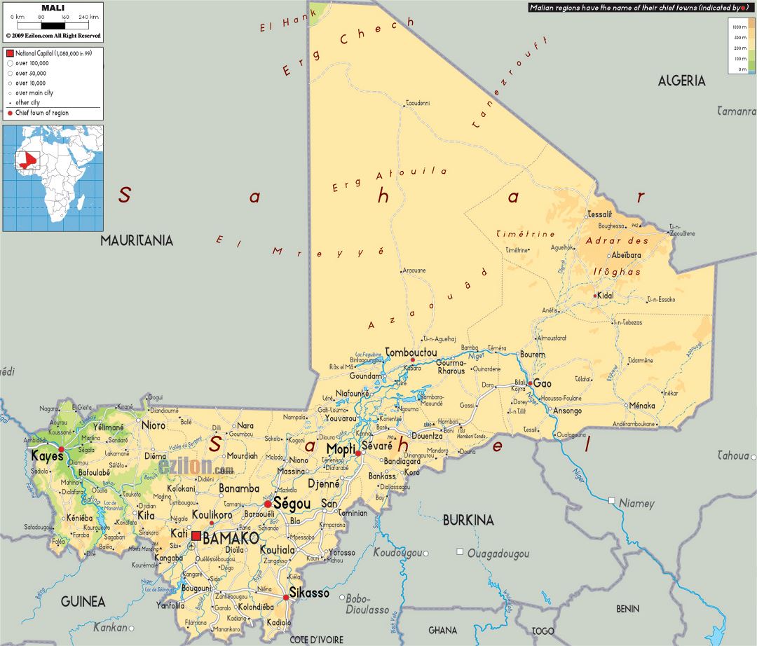 Large physical map of Mali with roads, cities and airports