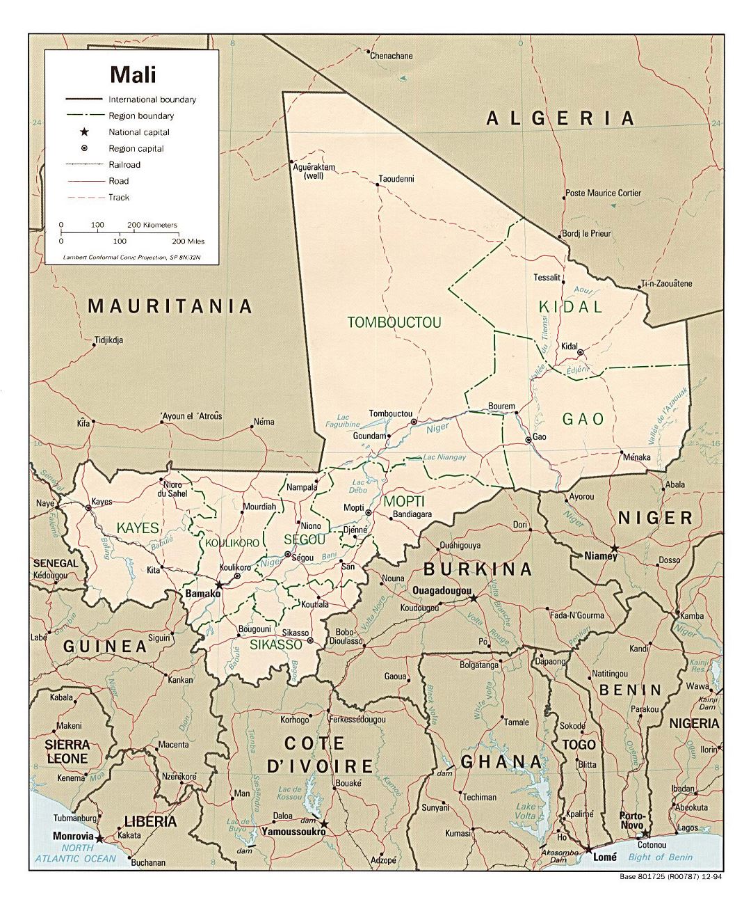 Large political and administrative map of Mali with roads, railroads and major cities - 1994