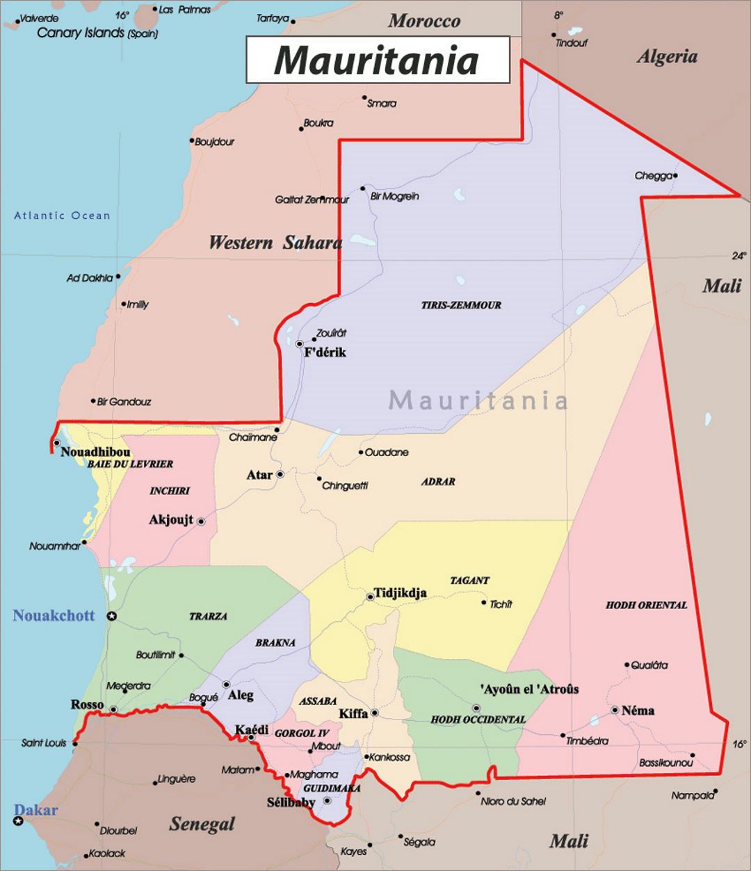 Detailed political and administrative map of Mauritania with roads and major cities