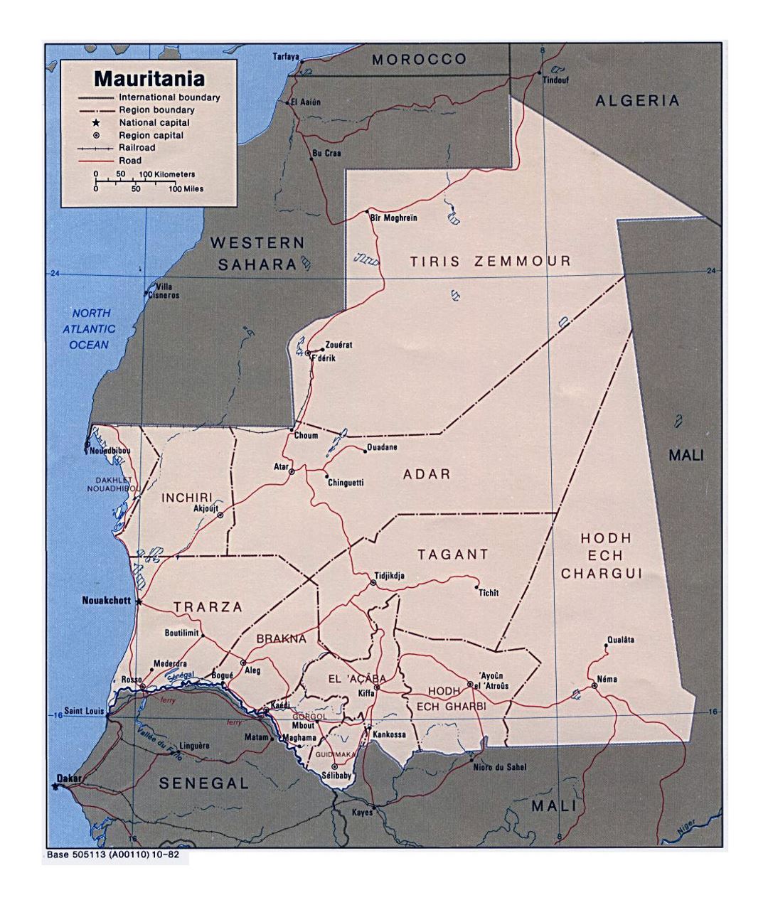 Detailed political and administrative map of Mauritania with roads, railroads and major cities - 1982