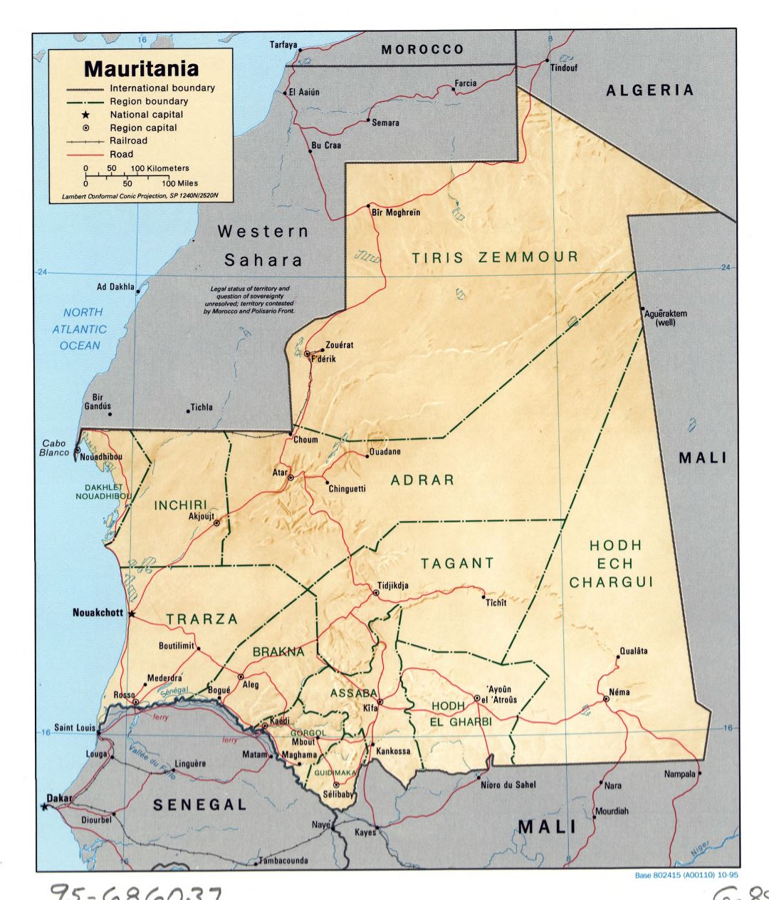 Large detailed political and administrative map of Mauritania with relief, roads, railroads and major cities - 1995