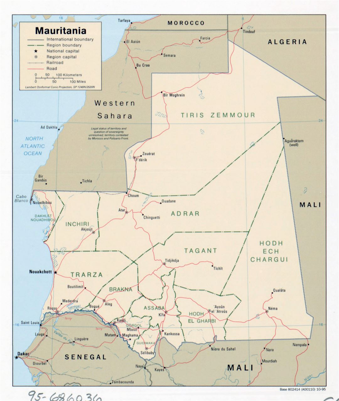 Large detailed political and administrative map of Mauritania with roads, railroads and major cities - 1995