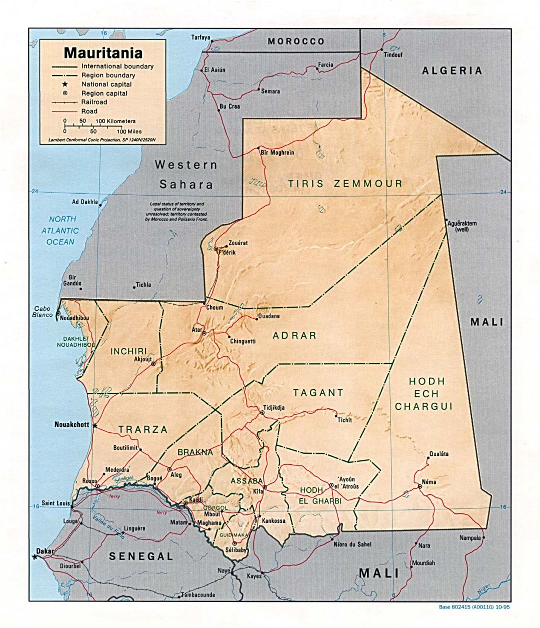 Large political and administrative map of Mauritania with relief, roads, railroads and major cities - 1995