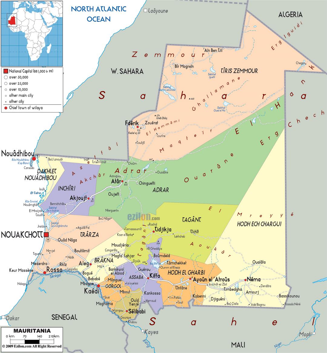 Large political and administrative map of Mauritania with roads, cities and airports