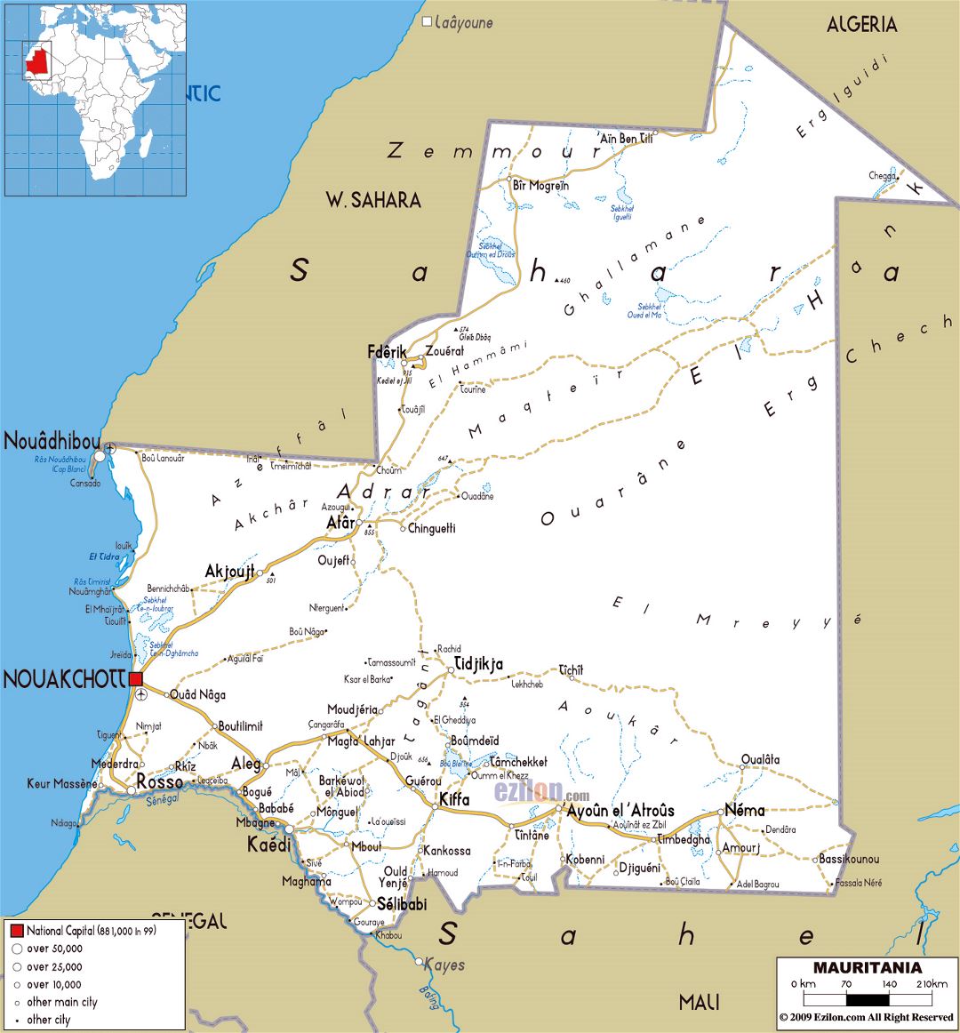 Large road map of Mauritania with cities and airports