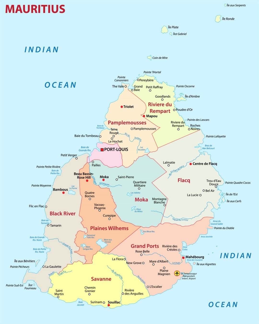 Detailed administrative map of Mauritius with cities and airports