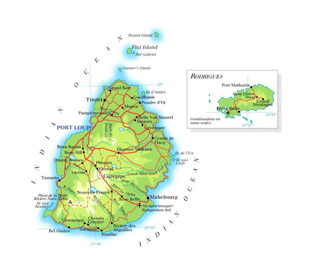 Detailed elevation map of Mauritius with roads, cities and airports