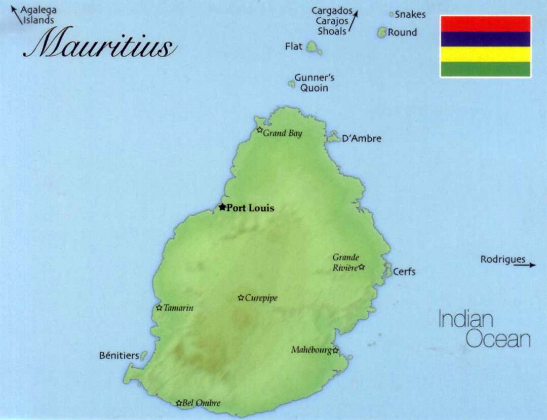 Detailed map of Mauritius with flag
