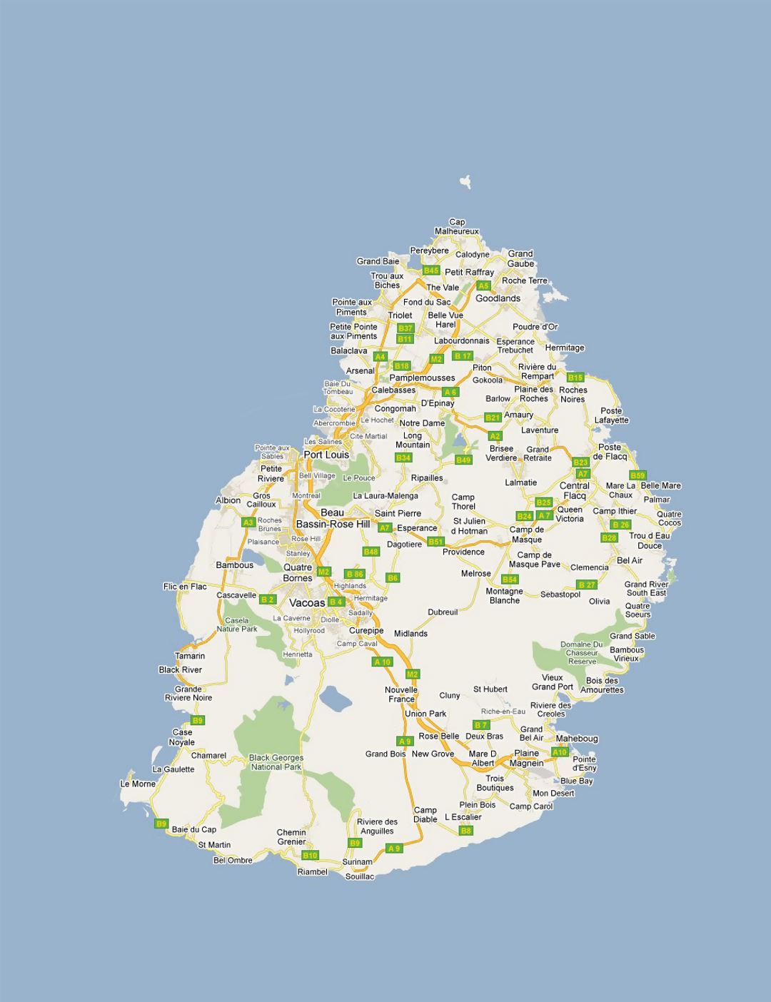 Detailed road map of Mauritius with all cities and villages