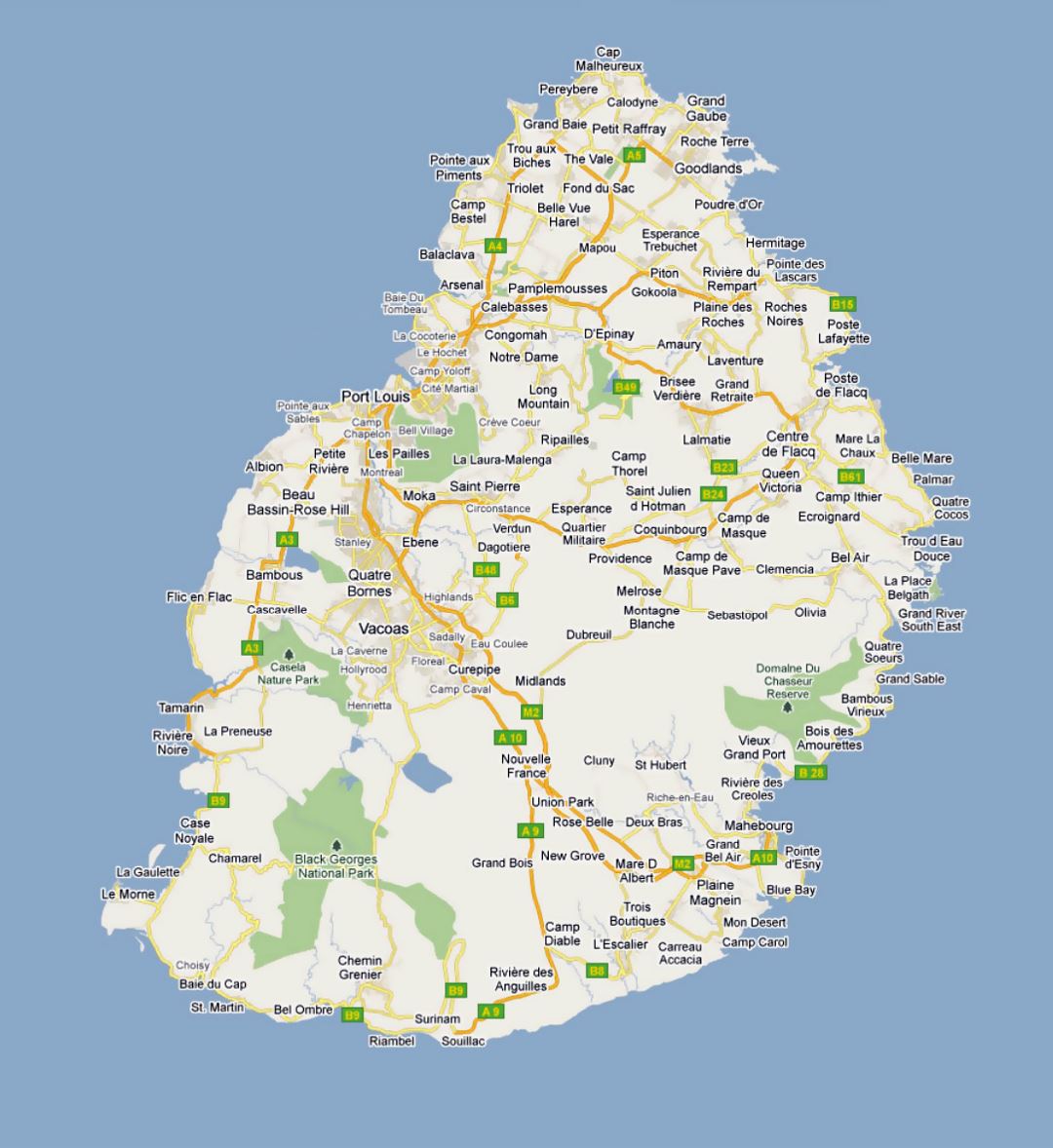 Detailed road map of Mauritius with cities and villages