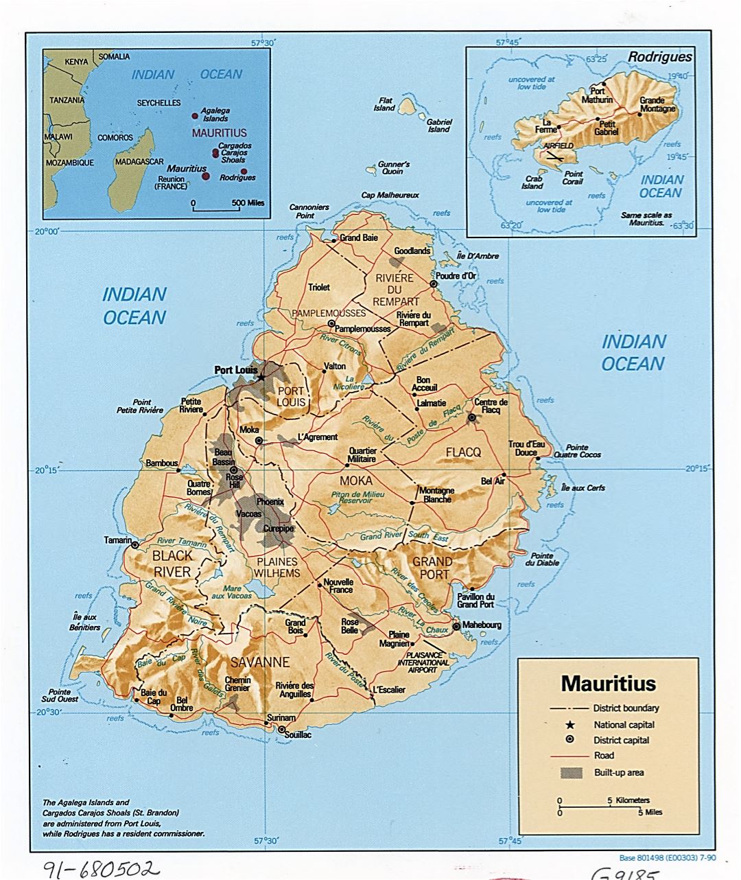 Large detailed political and administrative map of Mauritius with relief, roads and major cities - 1990
