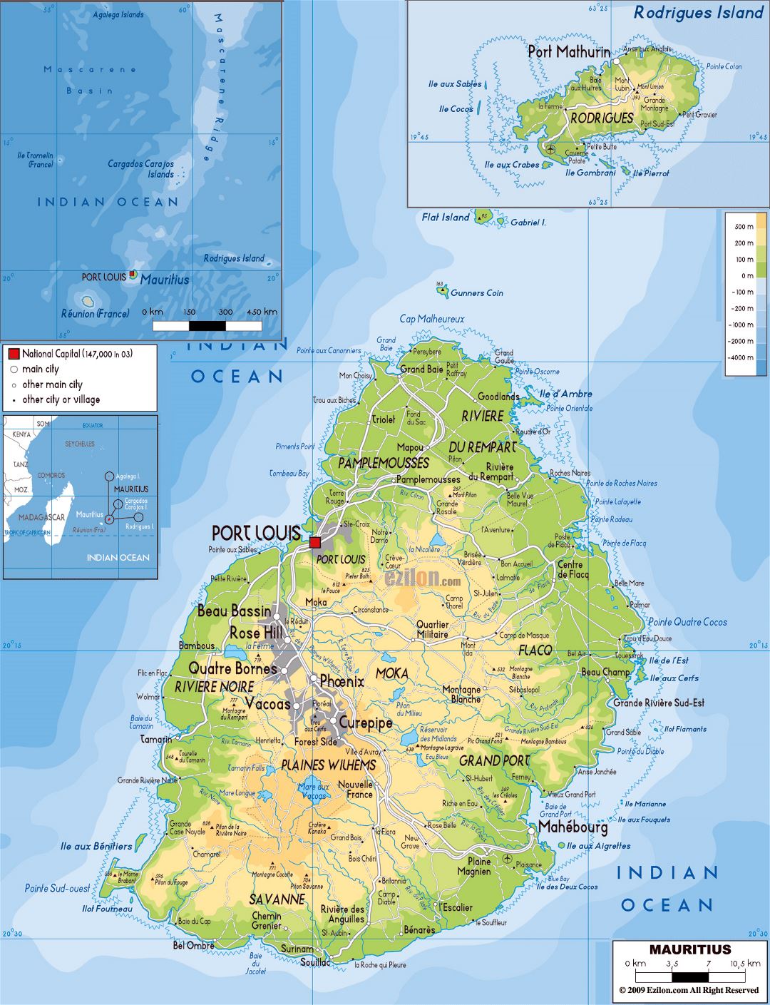 Large physical map of Mauritius with roads, cities and airports