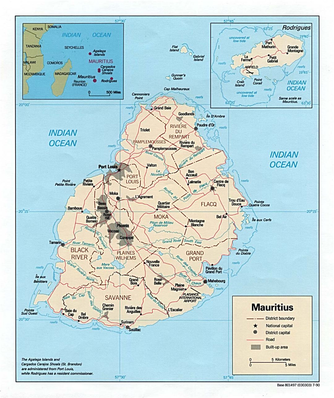 Large political and administrative map of Mauritius with roads and major cities - 1990