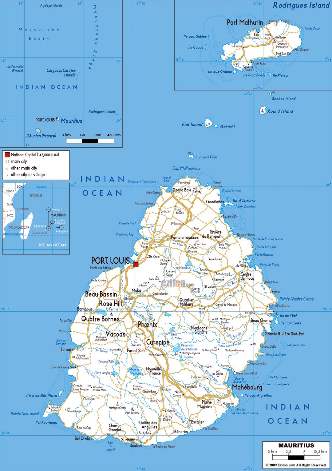 Large road map of Mauritius with cities and airports