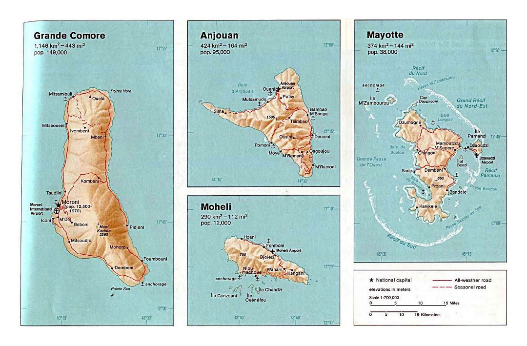 Detailed political map of Grande Comore, Anjouan, Moheli and Mayotte with relief, roads, cities, ports and airports