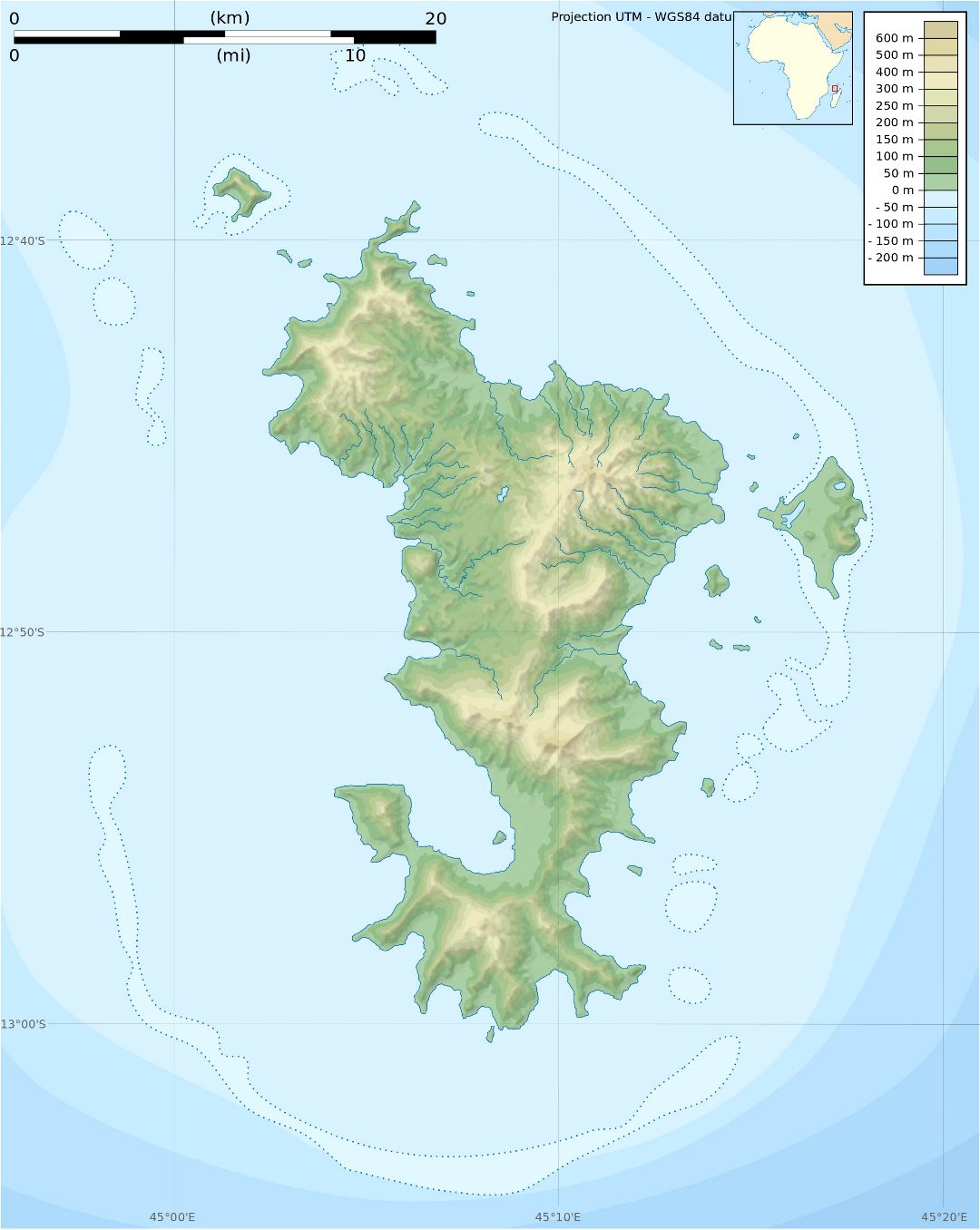 Large physical map of Mayotte Island