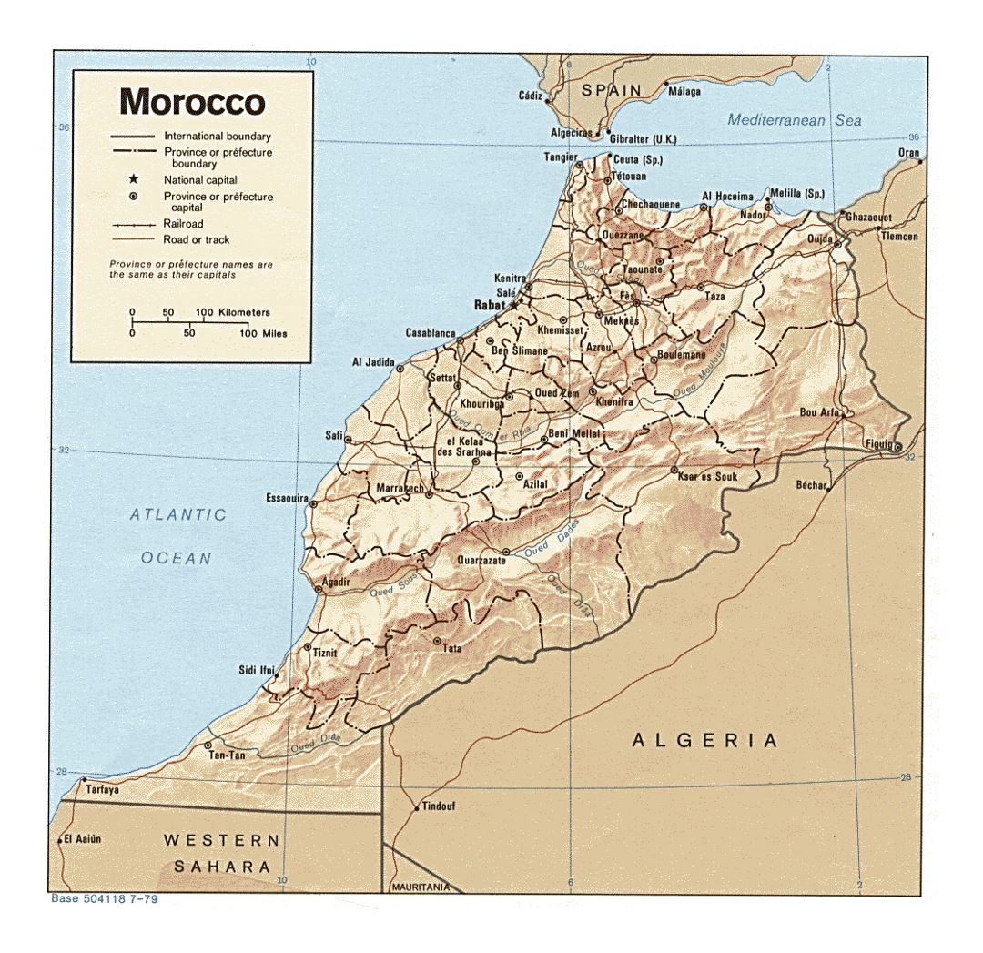 Detailed political and administrative map of Morocco with relief, roads, railroads and major cities - 1979