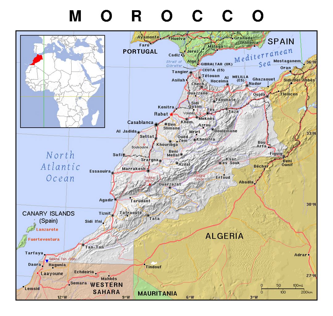 Detailed political map of Morocco with relief