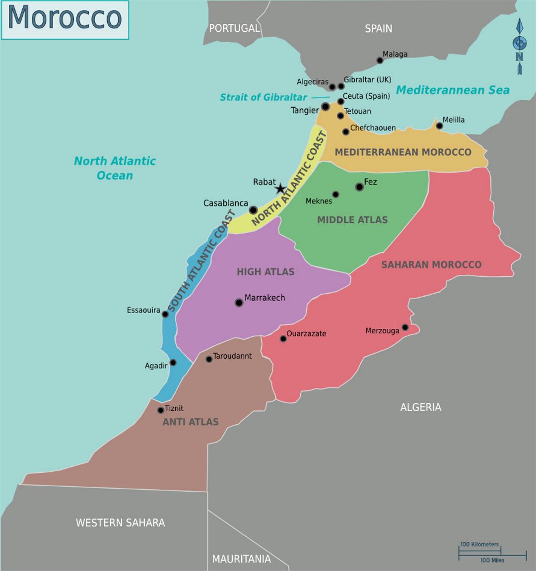 Detailed regions map of Morocco