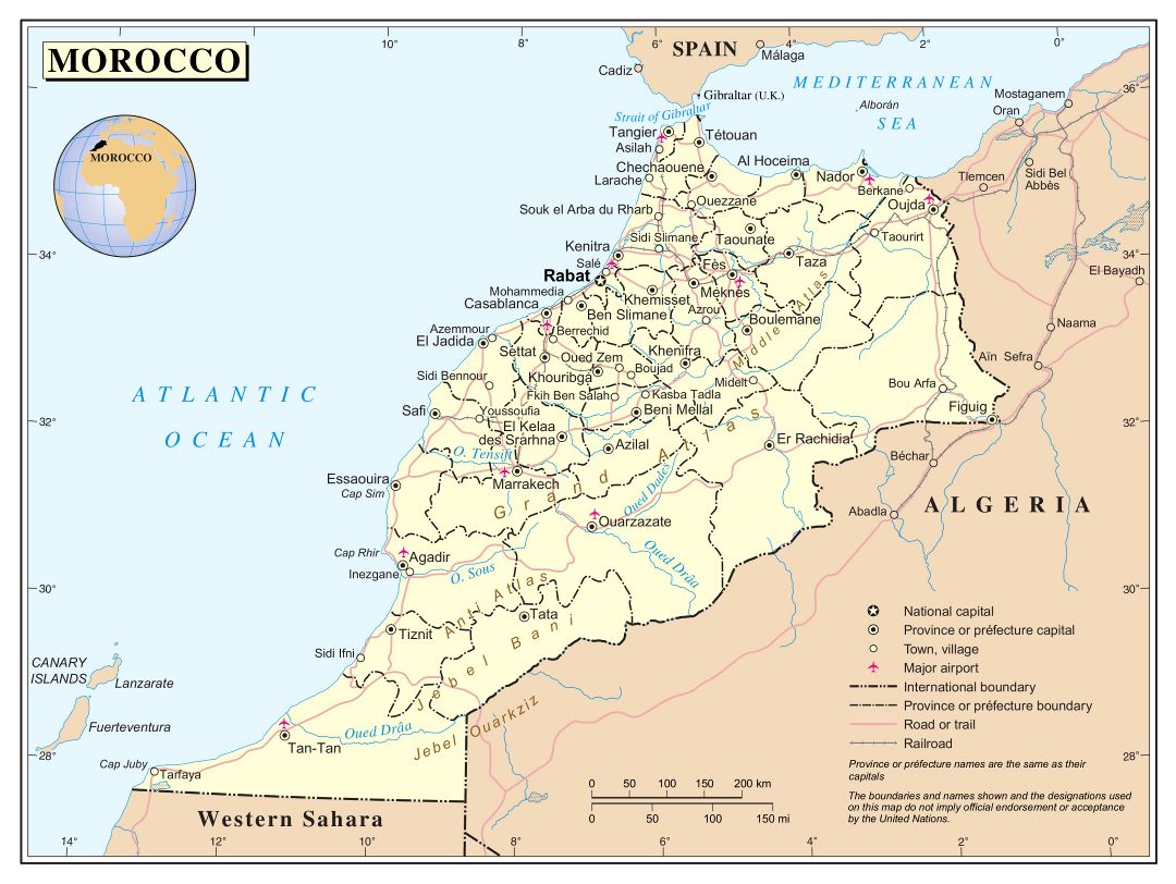 Large detailed political and administrative map of Morocco with roads, railroads, cities and airports