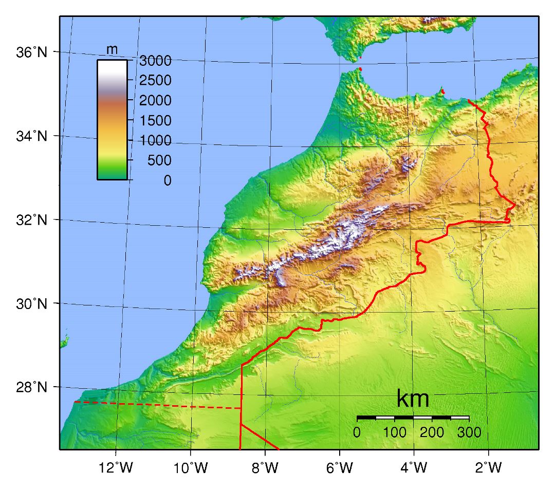 Large physical map of Morocco