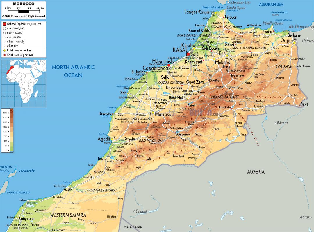 Large physical map of Morocco with roads, cities and airports
