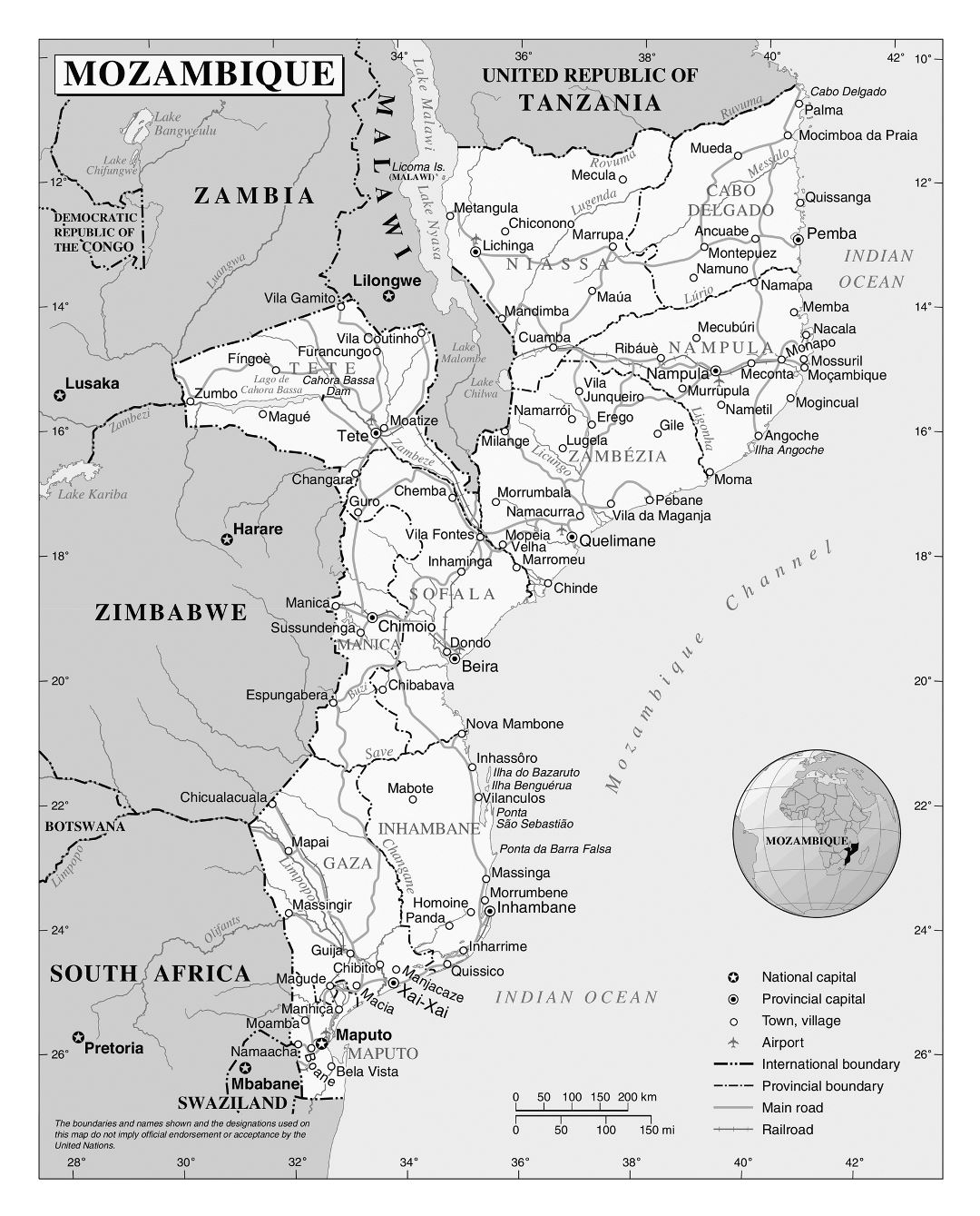 Large detailed political and administrative map of Mozambique with all roads, railroads, cities and airports
