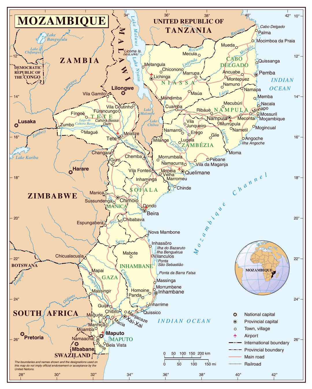 Large detailed political and administrative map of Mozambique with cities, roads, railroads and airports