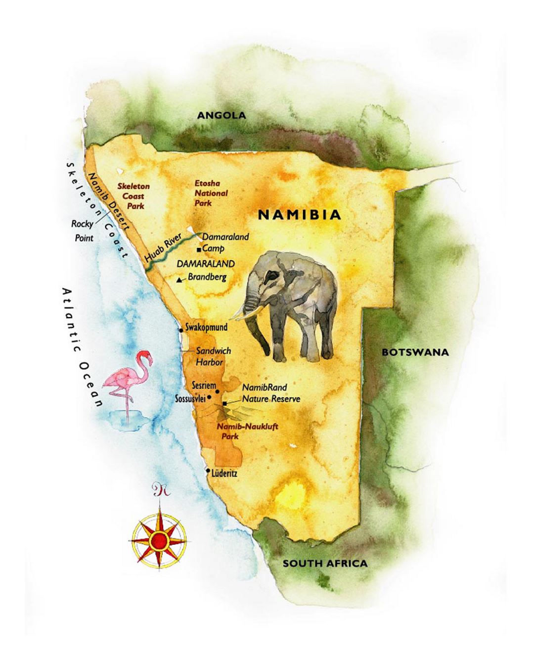 Detailed illustrated map of Namibia