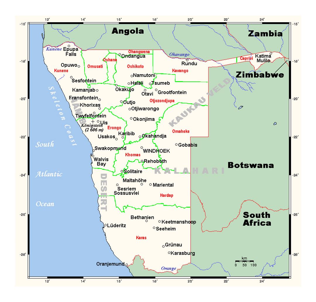 Detailed map of Namibia with cities