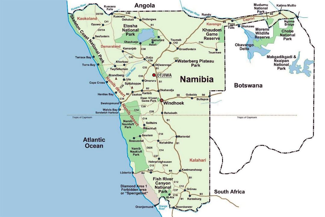 Detailed national parks map of Namibia and Botswana