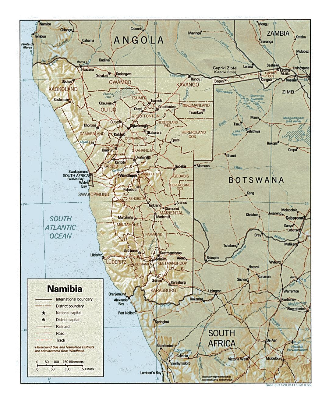 Detailed political and administrative map of Namibia with relief, roads, railroads and major cities - 1990