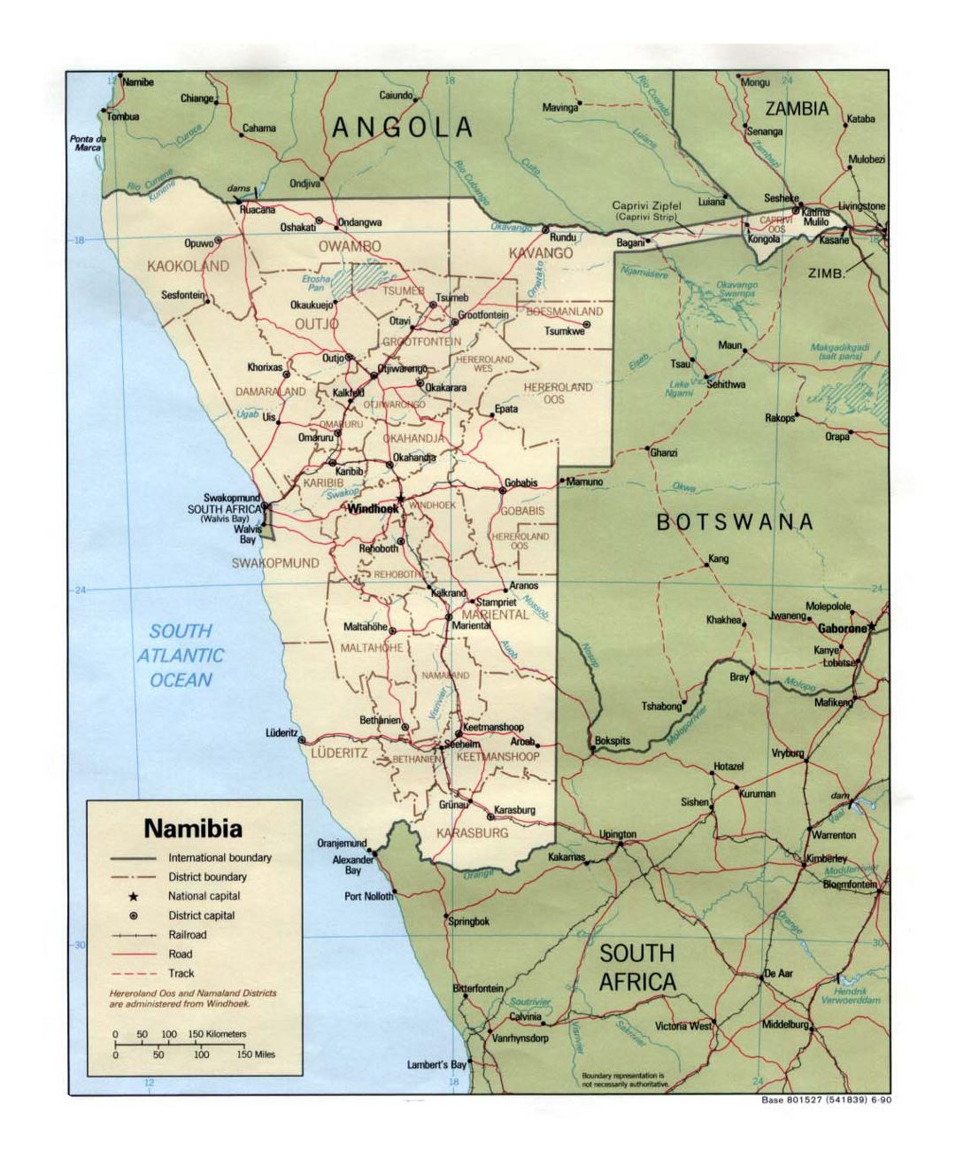 Detailed political and administrative map of Namibia with roads, railroads and major cities - 1990