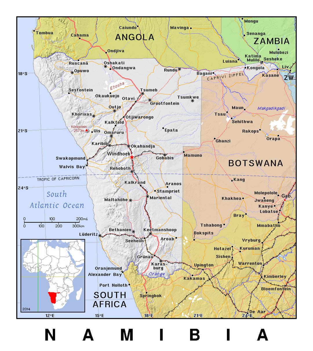 Detailed political map of Namibia with relief | Namibia | Africa