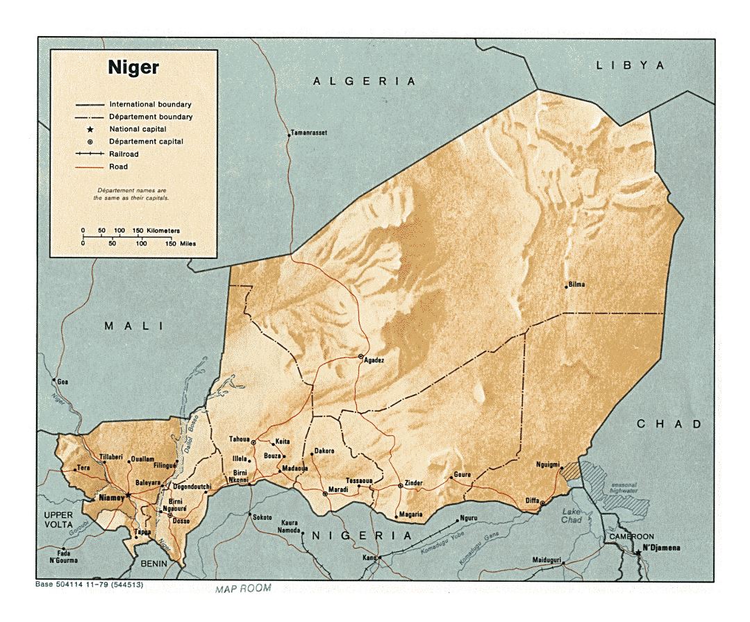 Detailed political and administrative map of Niger with relief, roads, railroads and cities - 1979