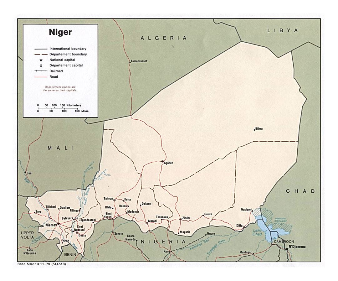 Detailed political and administrative map of Niger with roads, railroads and cities - 1979