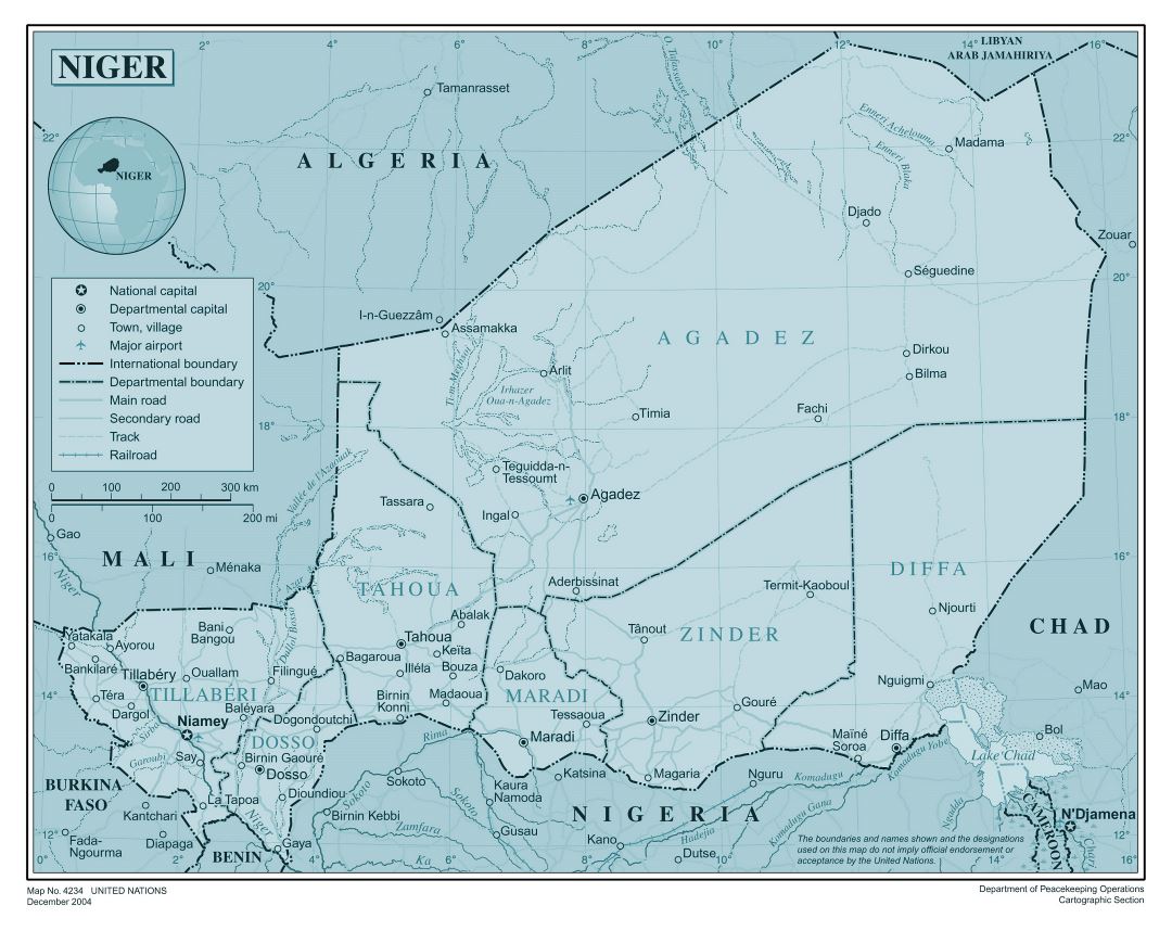 Large detailed political and administrative map of Niger with all roads, railroads, cities and airports