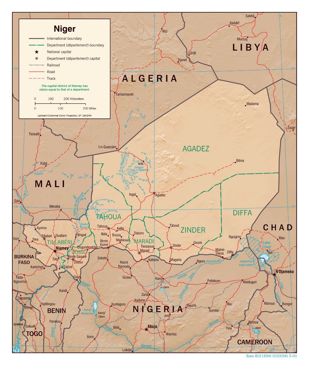 Large detailed political and administrative map of Niger with relief, roads, railroads and major cities - 2000