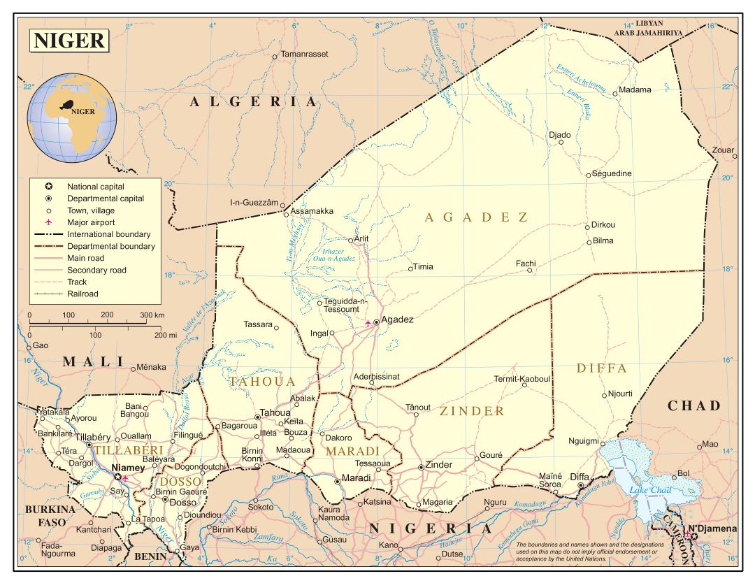 Large detailed political and administrative map of Niger with roads, railroads, cities and airports
