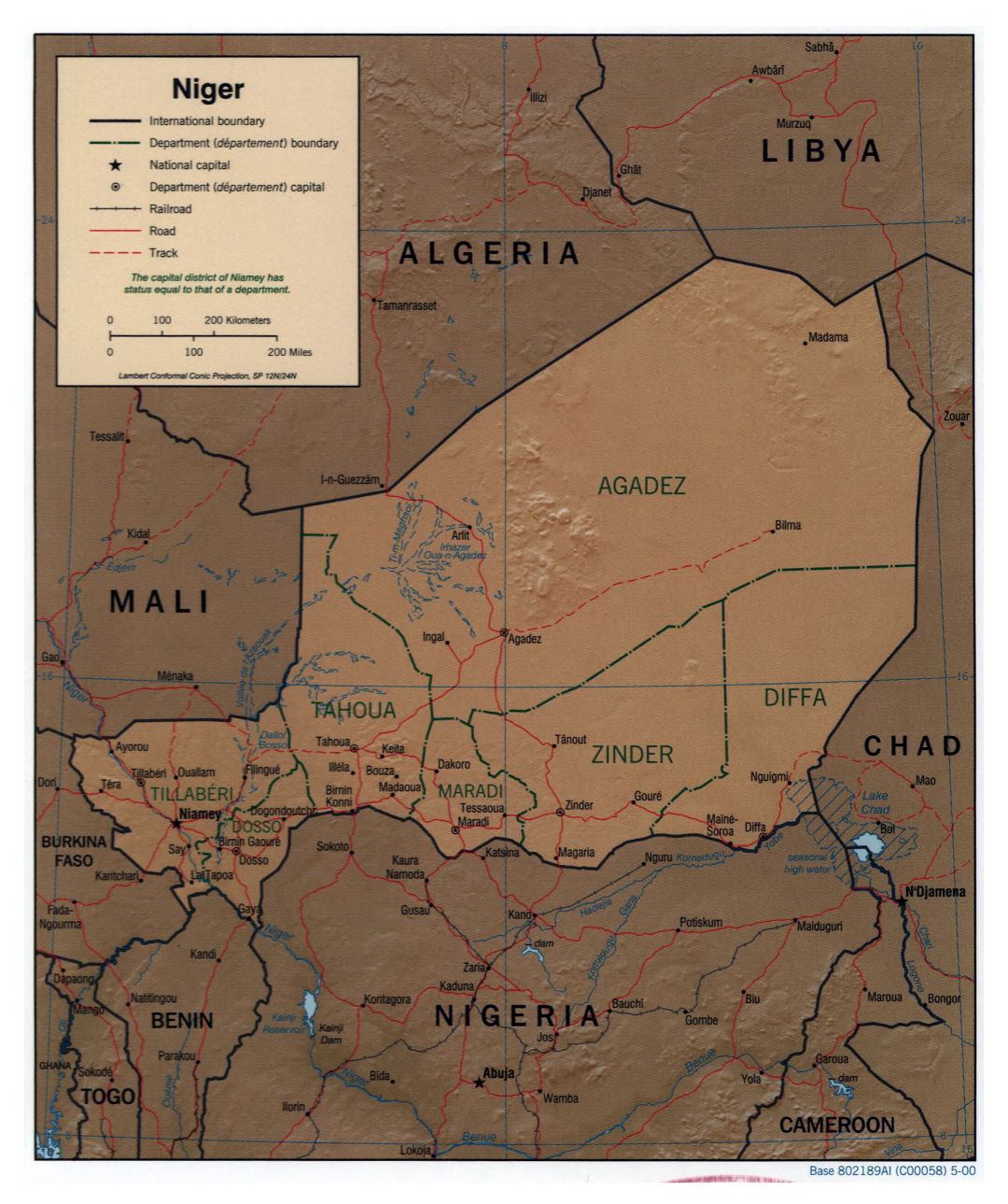 Large political and administrative map of Niger with relief, roads, railroads and major cities - 2000