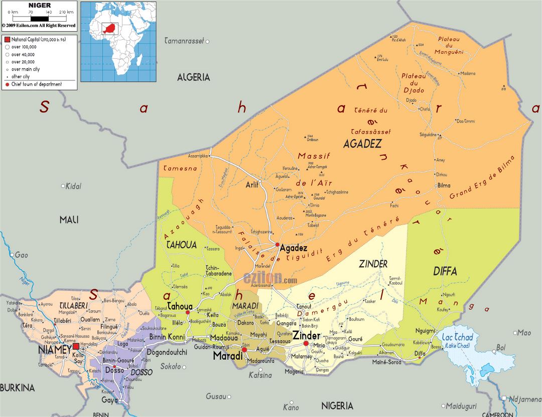 Large political and administrative map of Niger with roads, cities and airports