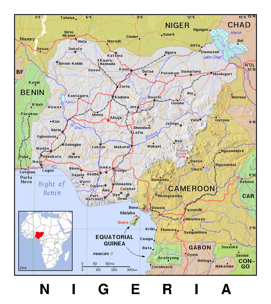 Detailed political map of Nigeria with relief