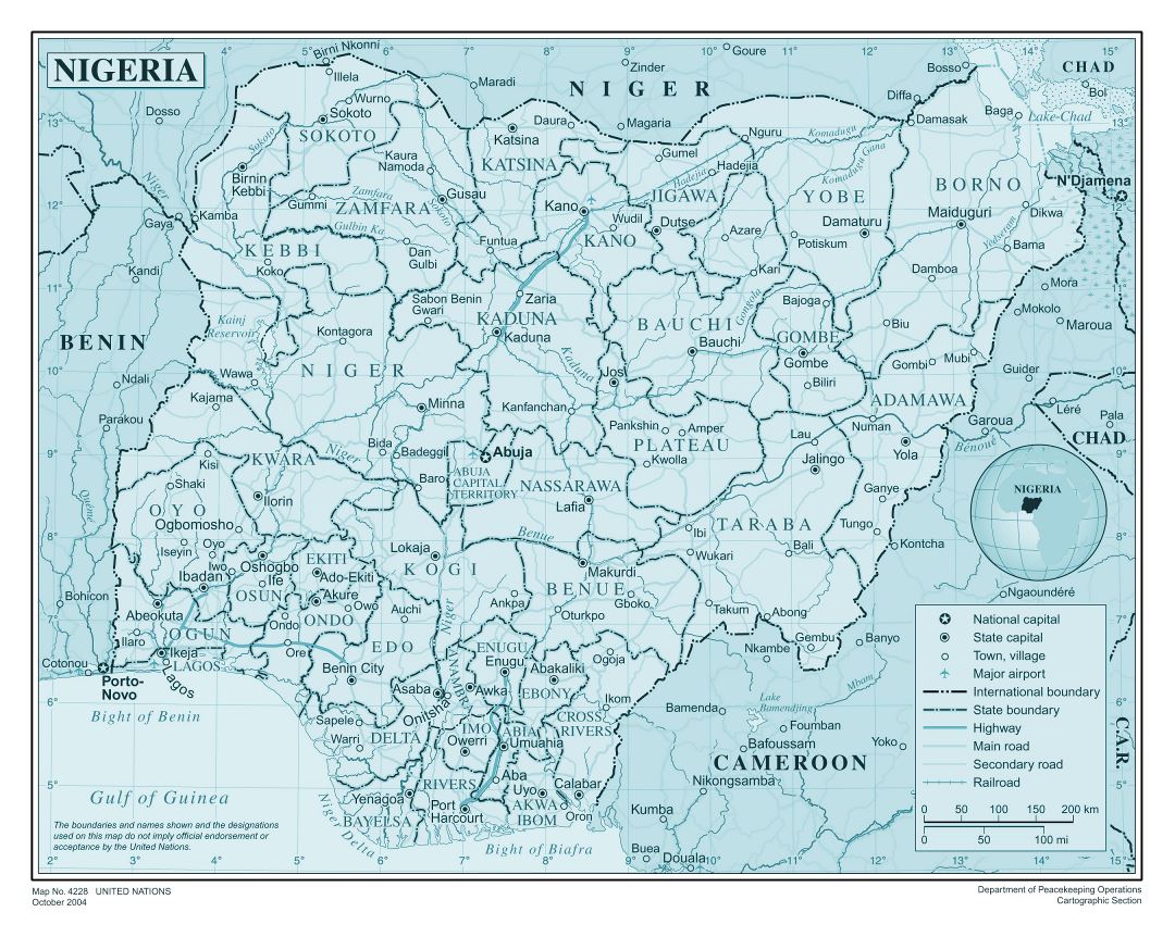 Large detailed political and administrative map of Nigeria with all roads, railroads, cities and airports